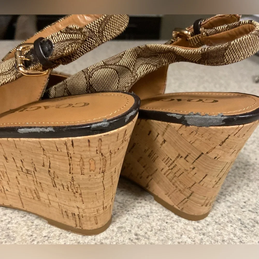COACH Signature Tan Open Toe Wedges - Picture 4 of 6